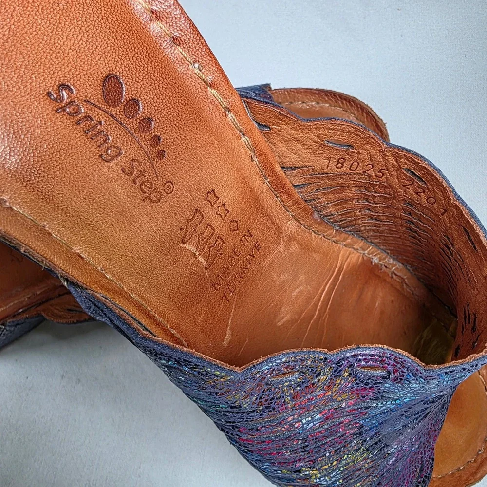 Spring Step Purple Iridescent Leather Womens 38 Wedge Slide Sandals Laser Cut